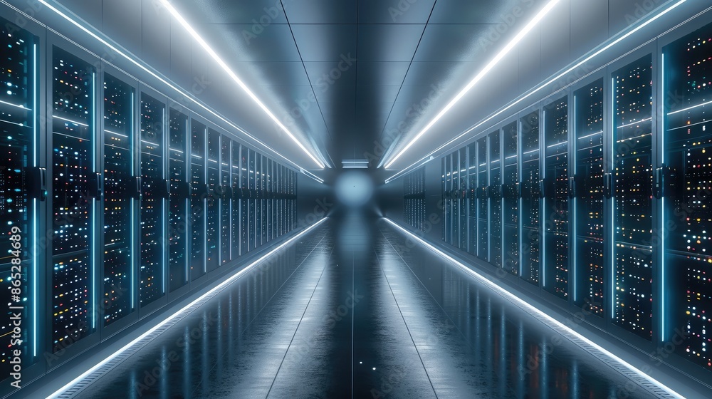 Poster a data storage racks, in a dark-and-white color scheme, offering both functionality and a sleek, mod