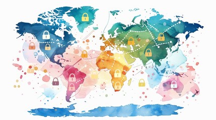 Obraz premium Watercolor illustration of a colorful world map with various global location pins, each connected by chains and padlocks symbolizing the lockdown of countries,