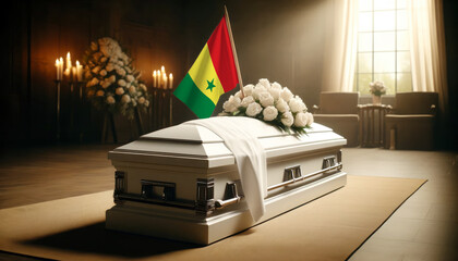 Respect and remembrance: white roses adorn a coffin draped with the Senegal flag, a poignant scene of mourning and patriotism