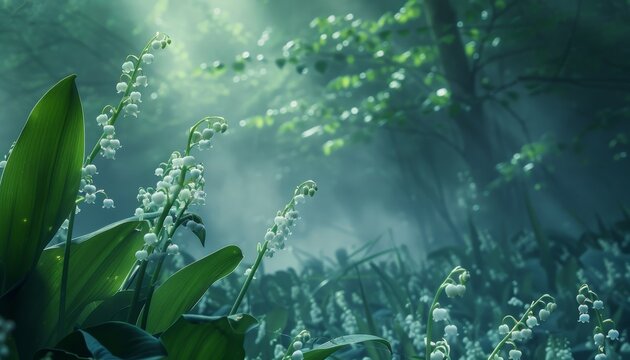 Blooming lily of the valley branches in morning haze