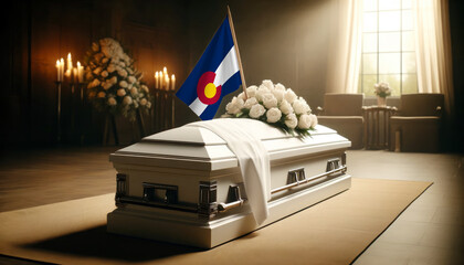 Respect and remembrance: white roses adorn a coffin draped with the Colorado flag, a poignant scene of mourning and patriotism