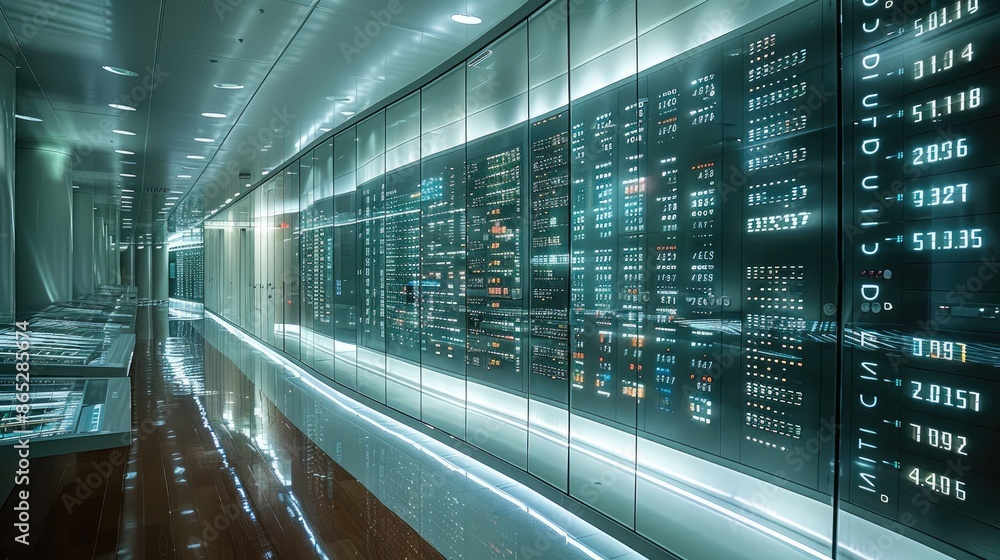 Poster in the large computer room where the live shooting was taken, a virtual city composed of numbers was