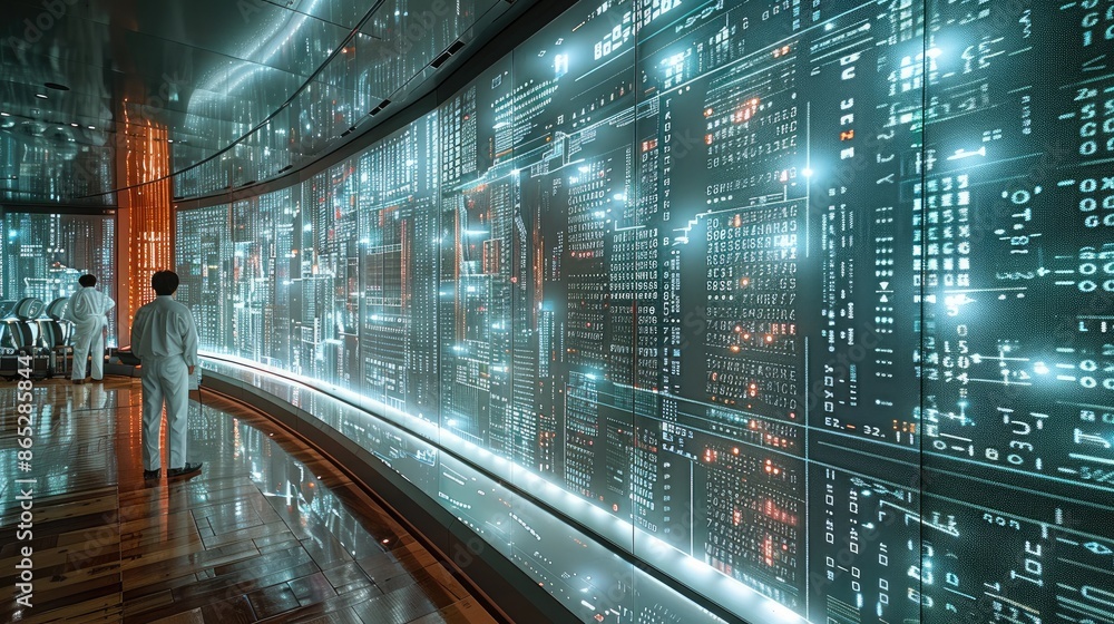 Poster in the large computer room where the live shooting was taken, a virtual city composed of numbers was