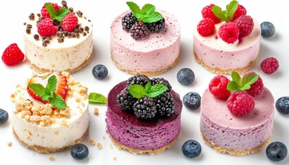 Cheesecakes adorned with berries and mint on a white backdrop
