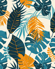 Fototapeta premium Abstract teal Summer Pattern With Copy Space for Text. Bright Tropical Leaves And Plants