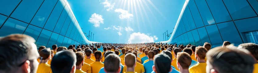 crowd looking up at sunlight through glass building facade.