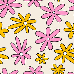 Fototapeta premium Seamless pattern with colorful naive groovy flowers. Floral vector outline background. Kid core aesthetic print