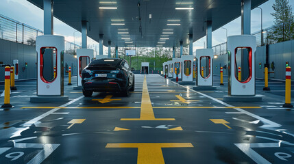 A parking place with electric car loading stations. Generative AI.