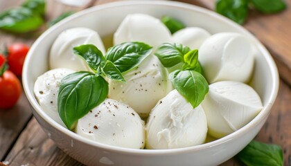 Close up of mozzarella basil in bowl