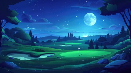Nighttime Golf Course: Buggy Cart, Putters, and Pin Flags under Moonlight