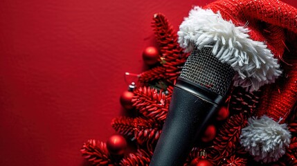 Christmas Karaoke Show Event Banner: Microphone with Santa Hat on Red Background