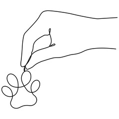 Hand holding animal footprint continuous line drawing. Vector illustration isolated on white background.