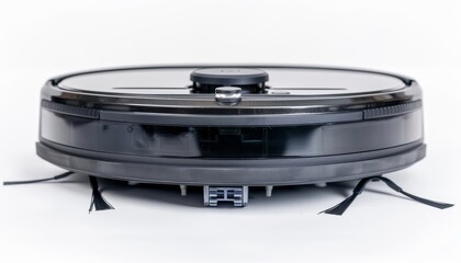 Fototapeta premium Close up of the bottom part of a robot vacuum cleaner with brushes and microfiber isolated on a white background