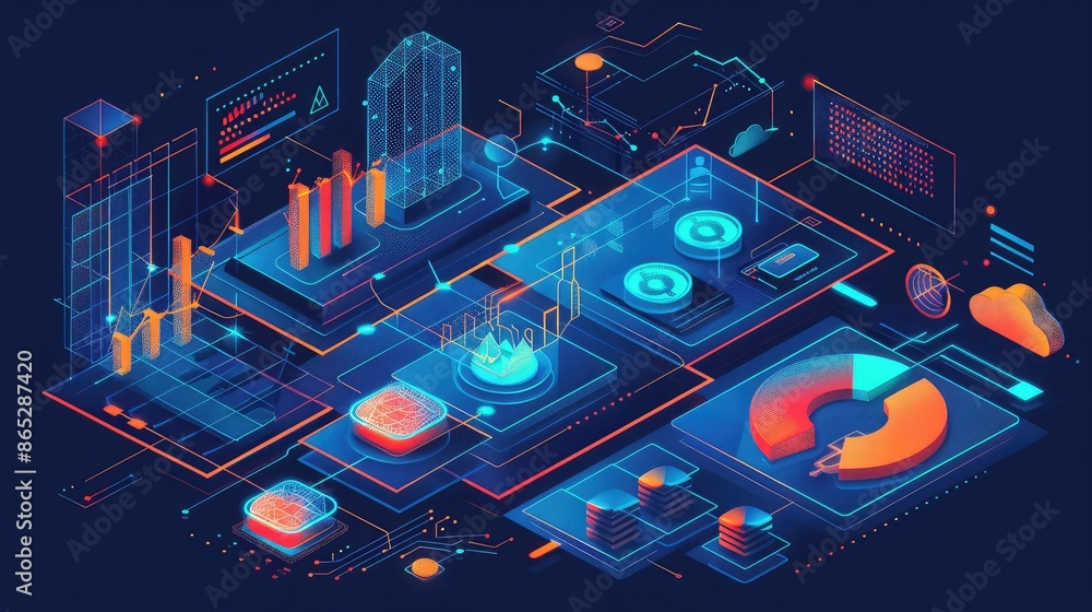 Poster infographic business presentation with isometric charts and data tables