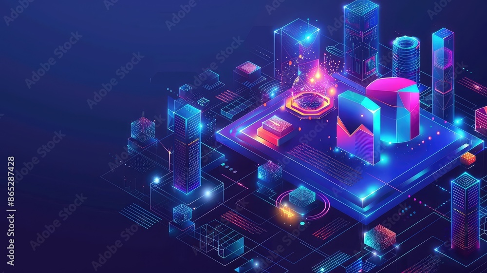 Poster infographic business presentation with isometric charts and data tables