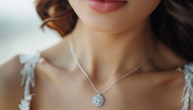 Close up of women wearing diamond pendant necklace