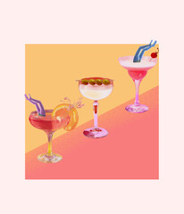 Funny design with women diving into glasses with delicious cocktails. Restaurant and bars promotion. Contemporary art collage. Concept of summer, vacation, holiday, surrealism, alcohol drinks