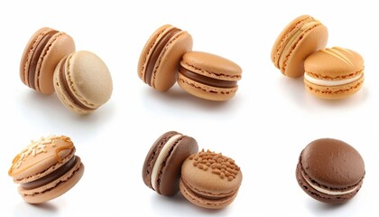 Obraz premium Collection of caramel macarons isolated on white background featuring various angles