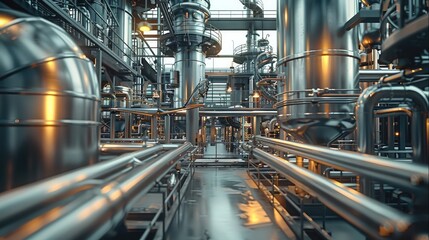 Obraz premium Chemical production factory, realistic, industrial, silver, grey. Generative AI.