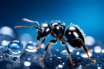 Fototapeta premium An ant eats a water bubble.