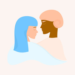 A profile image of two informal girls in pale pink and blue.Vector postcard with a couple of girls. 