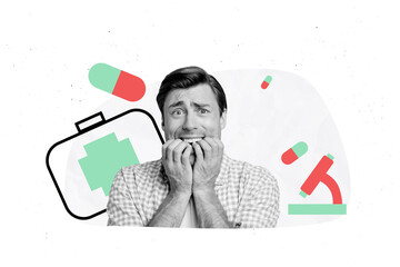 Creative collage picture young man scared fear biting nails frustrated medical check pills...