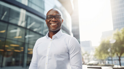 Fototapeta premium Successful happy smiling mature African businessman standing in the city, looking at camera