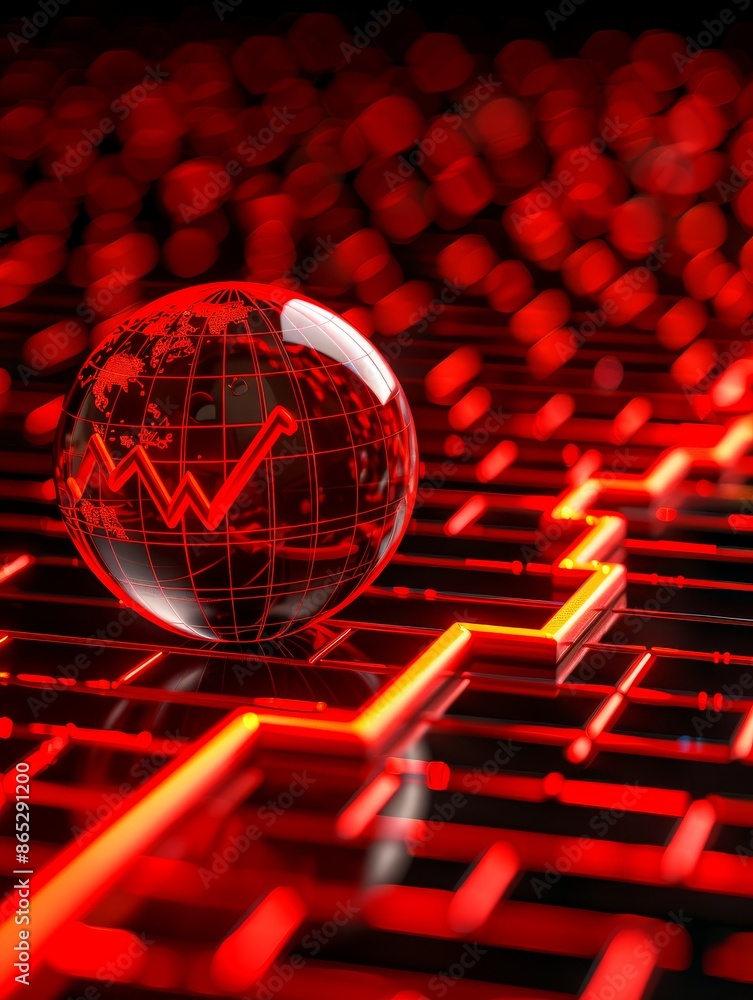 Poster global network with red glowing lines and arrow technology concept.