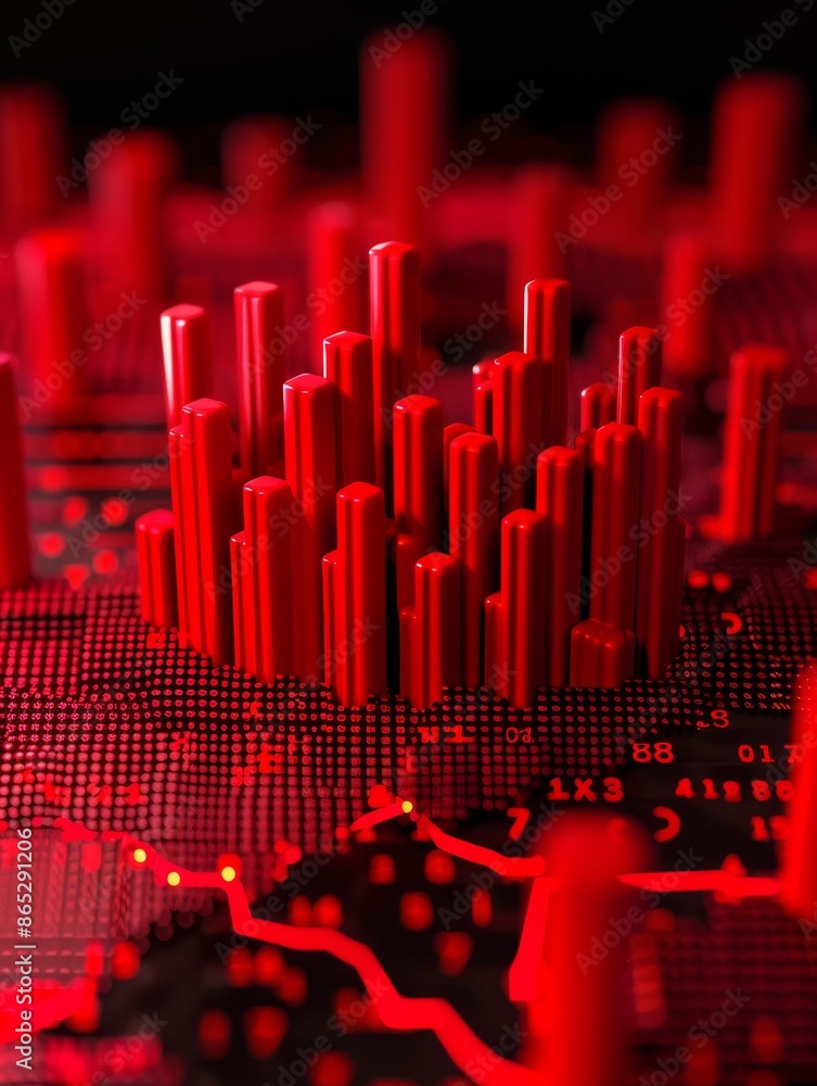 Poster abstract red 3d bars on digital background - financial market data visualization.