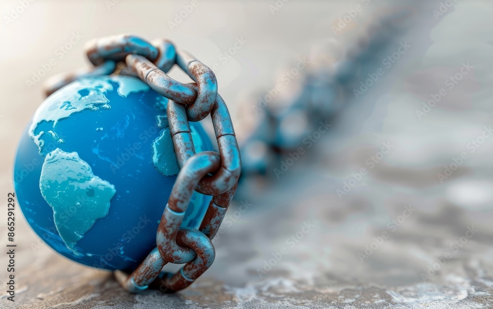 Wall mural earth globe bound by rusty chains, symbol of environmental constraints - concept for global issues a