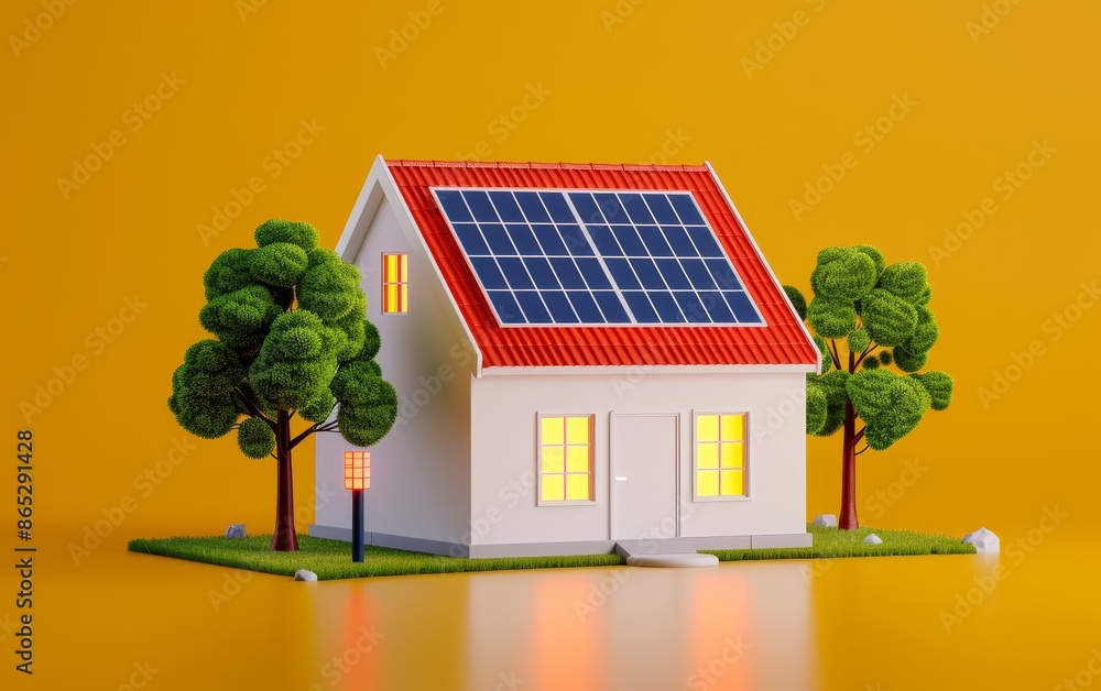 Poster 3d rendering of a modern house with solar panels and trees on a yellow background.