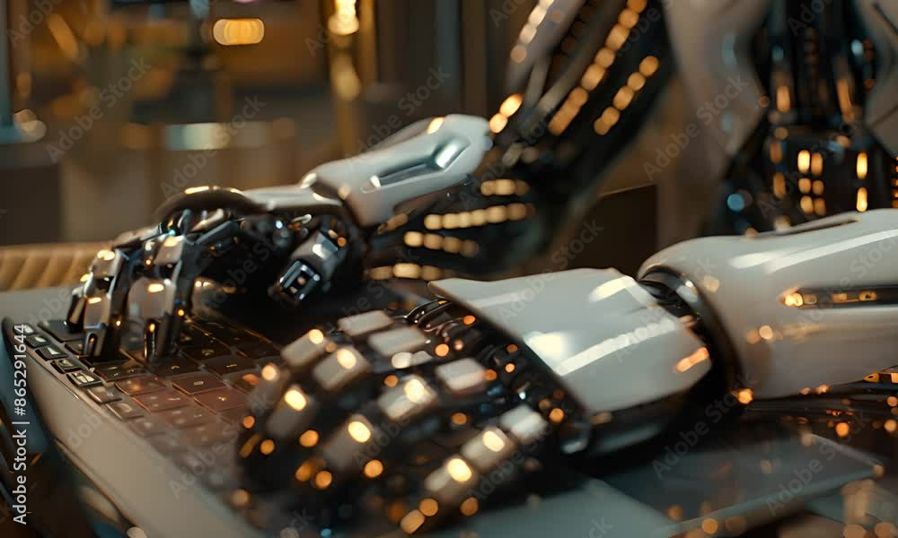 Poster futuristic robot hands typing on a laptop generative ai image 4k video