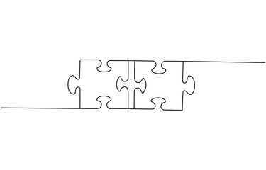 Two connected puzzle pieces of one continuous line drawn. Jigsaw puzzle element. Vector illustration. Three puzzle pieces of one continuous line drawn. One hand-drawn line of jigsaw puzzle element. 