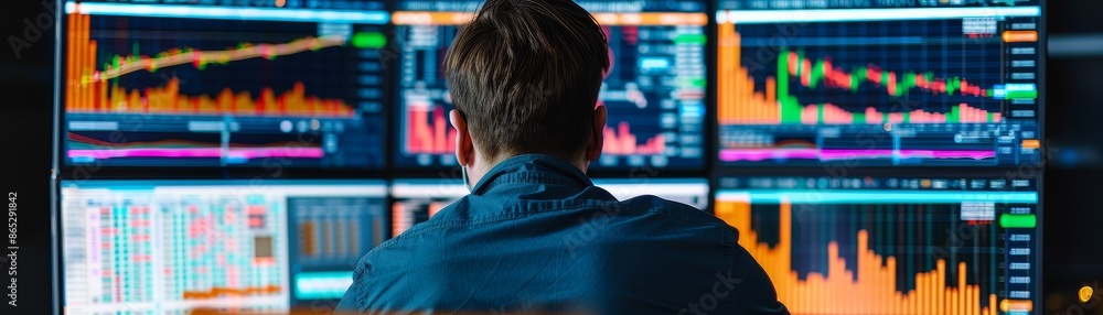 Poster stock market trader analyzing financial data on multiple screens.