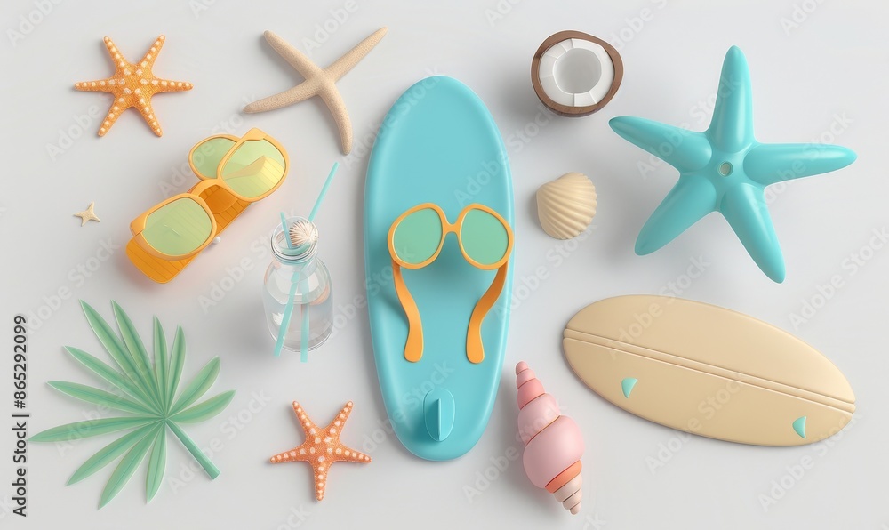Poster 3d render of summer vacation, beach and sea icon elements objects group, holidays background concept