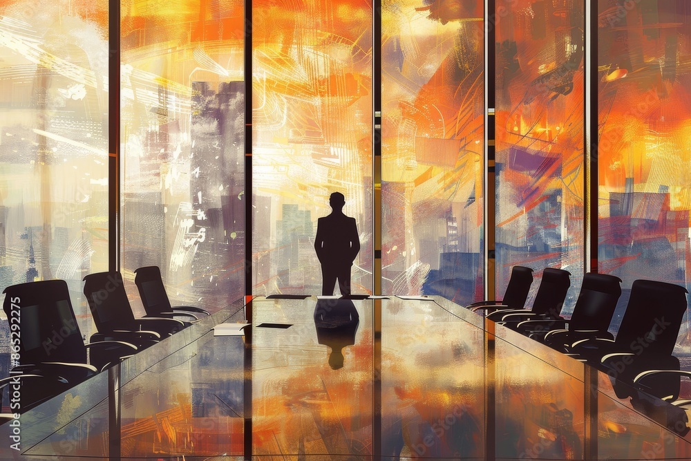Poster a blurry background of an office interior room with a modern design in working hours, with a panoram
