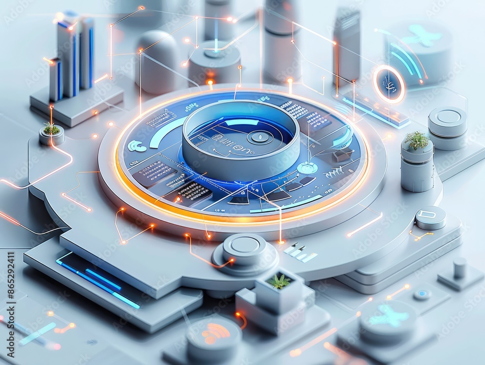 Poster Intelligent data analytics platform, modern, tech, data analytics, flow icons, isometric, 3D. Generative AI.