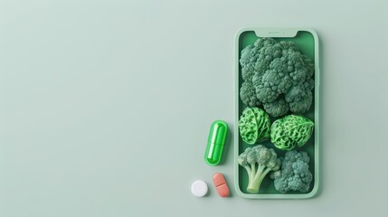 A conceptual depiction of cyber nutritional medicine with personalized digital diet plans, isolated with room for text on a clean backdrop