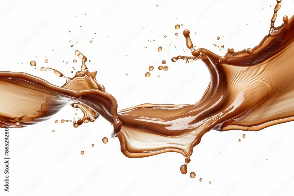 Poster coffee cream liquid swirl splash isolated on a clear png background with little foundation bubbles. 