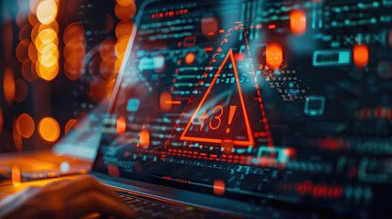 Obraz premium A digital close-up of an online security warning symbol on the screen, indicating some kind of hacker attack