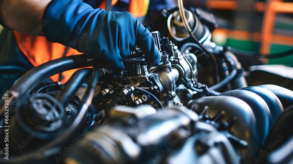 Poster mechanic inspecting turbocharger components in an engine for performance
