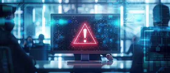 A digital close-up of an online security warning symbol on the screen, indicating some kind of hacker attack