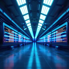 Fototapeta premium A conceptual image of a cyber airport with futuristic terminals and holographic departure boards, perfect for a banner with ample copy space