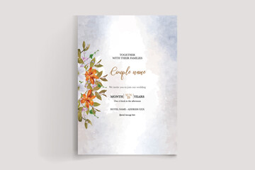 WEDDING INVITATION FRAME WITH FLOWER DECORATIONS AND FRESH LEAVES 