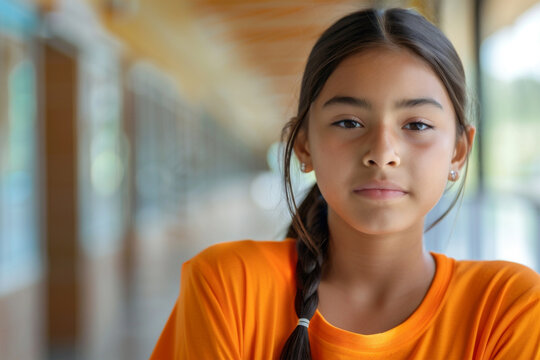 Girl wearing an orange shirt. Orange t-shirt day concept