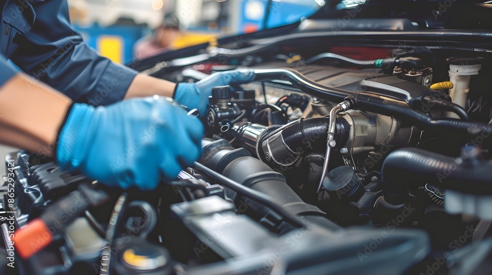 Poster mechanic verifying engine's air intake system functionality during diagnostics and performance check