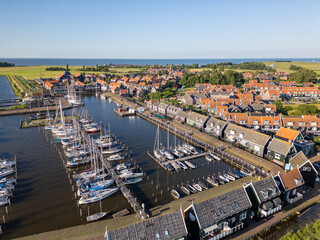 Aerial drone photo of the town and marina in Marken, an island in the Markermeer the Netherlands