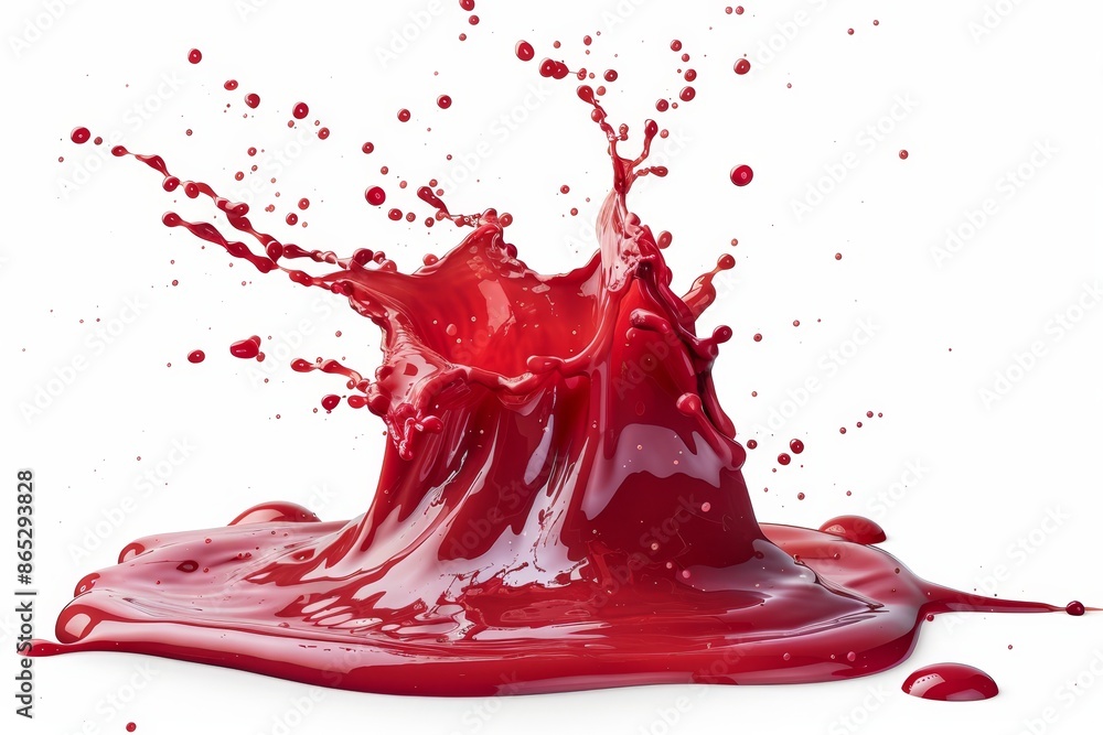 Poster a splash of tomato sauce or red ketchup in the air with little blobs isolated on a transparent backg