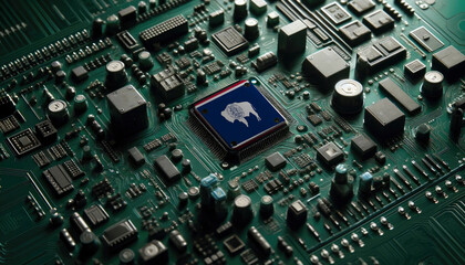 A detailed circuit board showcasing an Wyoming flag on a central microchip, symbolizing the strong foundation of technology and electronics in the Wyoming