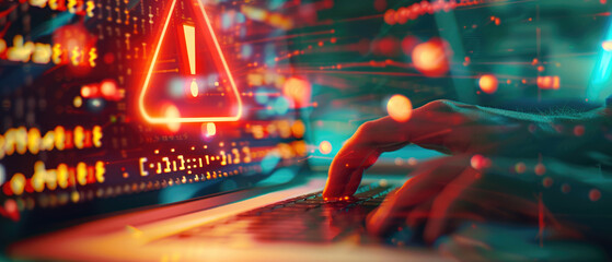 A digital close-up of an online security warning symbol on the screen, indicating some kind of hacker attack